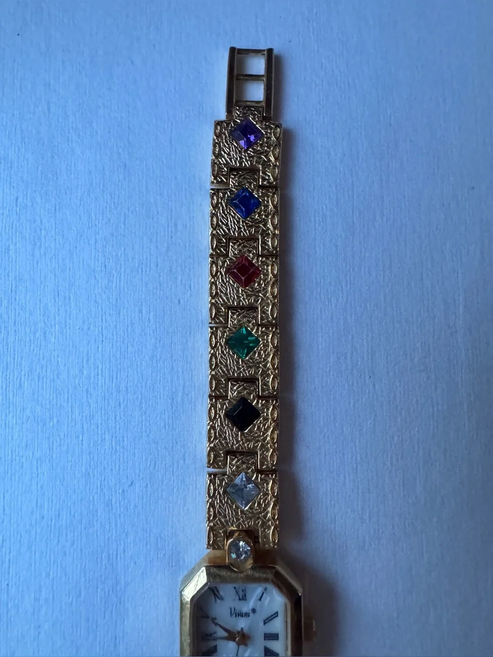 Vintage Vivani Women’s Watch Quartz Gold Tone Links With Multicolor Stone Insets